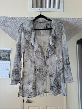 Zara Ruffle-Front Sheer Blouse in Black and White Snake Print